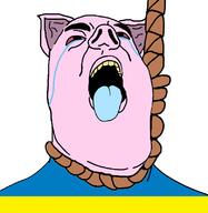 bloodshot_eyes clothes crying hanging hat oink pig rope soyjak suicide tongue ukraine variant:hydejak white_skin yellow_teeth // 778x800 // 76.9KB