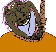 bloodshot_eyes brown_troonjak crying derp forehead_mark hanging hindu meta:tagme open_mouth orange_shirt pajeet rope smile soyjak suicide tongue variant:bernd // 768x719 // 32.3KB
