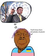2soyjaks brown_skin closed_eyes flag glasses hair larp nazism open_mouth purple_hair schutzstaffel smile sonnenrad soyjak stubble thought_bubble tranny ukraine variant:bernd volodymyr_zelenskyy yellow_teeth // 800x1000 // 411.7KB