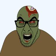 angry blood bloodshot_eyes brain brown_shirt clothes glasses green_skin halloween open_mouth rotten_teeth skull soyjak stubble tshirt variant:slitherjak zombie // 1024x1024 // 25.3KB