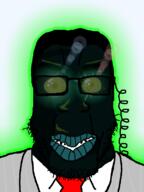 amerimutt black_skin dark_hair glasses glowing glowing_eyes hair headphones oh_my_god_she_is_so_attractive red_tie smoking stubble subvariant:chudplier thougher trend:glowie variant:chudjak variant:markiplier_soyjak // 600x800 // 109.9KB