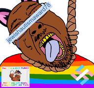 animal brown_skin cat crying flag fox furry gay glasses hanging jewishautismaward78_(namefag) lgbt nazism open_mouth rope soybooru soyjak stubble suicide swastika tattoo text tongue tranny variant:bernd yellow_teeth zoophile // 767x715 // 135.5KB