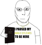 arm bible bible_study book christianity closed_mouth cross crucifixion english_standard_version glasses god hair hand holding_book holding_object i_paused_my necklace soyjak stubble text variant:jasonjak // 1246x1363 // 415.4KB