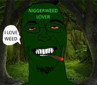 bloodshot_eyes blunt glasses nigger_weed open_mouth smoking soyjak speech_bubble stubble text variant:branniejak weed // 894x785 // 599.9KB