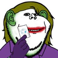 arm batman_(series) card chainlink clothes colorful_hair cryptocurrency dc_comics ear green_hair green_skin hair hand holding_object joker_(dc) makeup smile soyjak stubble suit the_dark_knight variant:impish_soyak_ears // 1400x1400 // 1.4MB