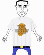angry arm black_skin breast_milk closed_mouth clothes ear glasses hair hand leg nation soyjak stolen subvariant:chudjak_front text tshirt variant:chudjak white // 1386x1725 // 403.6KB