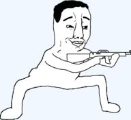 animated arm closed_mouth dance firearm full_body hair hand leg shooting smile soyjak variant:chudjak weapon // 570x537 // 35.6KB