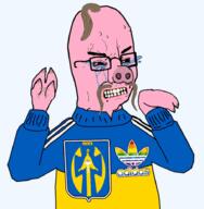 adidas bloodshot_eyes clothes crying flag full_body glasses hair hohol holodomor lgbt logo malorussian_flag pig pink_skin pointing rainbow soyjak track_suit ukraine variant:chudjak variant:cryboy_soyjak vein wojak // 900x920 // 325.5KB