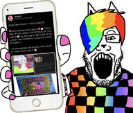 4lung arm clothes colorful_hair fangs furry glasses hand holding_object holding_phone open_mouth phone scene soyjak sparkledog stubble subvariant:phoneplier subvariant:phoneplier_vertical tranny trend:colorjak twitter variant:markiplier_soyjak // 1739x1480 // 1.2MB