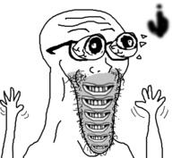 closed_mouth excited eyes_popping glasses grin hand hands_up multiple_mouths soyjak stubble subvariant:waow variant:soyak // 640x591 // 79.3KB