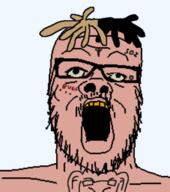 glasses juice_wrld open_mouth orange_teeth soyjak stubble tattoo teeth variant:a24_slowburn_soyjak // 300x339 // 52.8KB