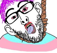 bloodshot_eyes clothes ear flag glasses hair hanging mustache open_mouth purple_hair rope soyjak stubble suicide tranny variant:nojak // 768x719 // 335.3KB