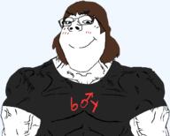 blush boymoder brown_hair buff closed_mouth clothes glasses hair looking_at_you muscles smile steroids subvariant:wholesome_soyjak tranny trans_rights tshirt variant:gapejak vein // 1350x1080 // 121.3KB