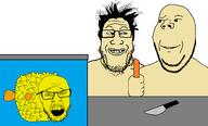 3soyjaks animal animal_abuse are_you_soying_what_im_soying asian carrot fish fish_tank food full_body glasses hair hand holding_object knife looking_at_each_other mustache open_mouth puffer_fish sad small_eyes smile soyjak stubble subvariant:wholesome_soyjak tail variant:feraljak variant:gapejak variant:markiplier_soyjak yellow_eyes yellow_skin // 2192x1328 // 181.7KB