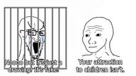 bloodshot_eyes children crying drawing fake jail open_mouth palindrome_get pedophile stretched_mouth stubble text variant:soyak wojak // 640x360 // 28.7KB