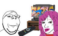 2soyjaks barneyfag cartoon ear female glasses grey hair jem lipstick my_little_pony open_mouth purple_hair remote shelf smile soyjak stand stubble subvariant:wholesome_soyjak television text twilight_sparkle variant:gapejak variant:impish_soyak_ears wojak // 1600x1000 // 266.6KB