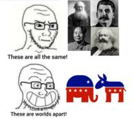 animal beard calarts clothes communism democrat ear elephant frown full_body glasses grin hair joseph_stalin karl_marx mustache republican smile so_true soyjak soyjak_comic star stubble subvariant:soyak_(irritated) tail variant:soyak // 720x648 // 296.7KB