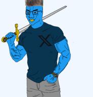 1488 acne asset beak blue_shirt brown_eyes buff closed_mouth clothes fingernail flag glasses grey_pants hair holding_object holding_sword lips smile smug soyjak subvariant:muscular_chud2 sword tshirt variant:chudjak vein watch x // 1834x1913 // 192.8KB