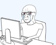 arm bald bloodshot_eyesd chair closed_mouth clothes computer corporate crying hand job journalist manager managerial_state monitor sad soyjak stubble template transparent_background variant:soyak work // 920x736 // 181.2KB