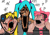 blue_hair japanese_text miku mutt_trio neru red_hair subvariant:euromutt subvariant:impish_amerimutt teto three_soyjaks trend:soyjak_trio triple_baka troonslop variant:impish_soyak_ears variant:markiplier_soyjak variant:meximutt vocaloid yellow_hair // 828x581 // 265.0KB