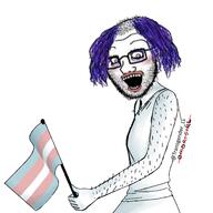 balding blush crazed eyeshadow flag:transgender_pride_flag glasses hair hairy holding_flag holding_object lipstick open_mouth purple_hair soyjak stubble subvariant:crazed_troonjak subvariant:soyak_(crazed) tranny trans_flag ugly variant:soyak white_background ywnbaw // 4064x4064 // 641.6KB