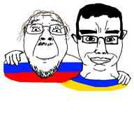 2soyjaks brown_hair clothes country ear flag glasses hair hand happy mustache russia russo_ukrainian_war smile soyjak stubble subvariant:chudjak_front tranny ukraine variant:bernd variant:chudjak // 826x705 // 194.3KB