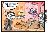 animal broom closed_eyes clothes comic dog food glasses jacket leaf pie pumpkin soy_parody speech_bubble stonetoss text the_west_has_fallen tree variant:chudjak // 715x500 // 85.7KB