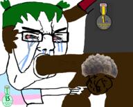4chan anime badge black_skin bloodshot_eyes blowjob crying glasses hair nate oldfag pointing pubic_hair rape soyjak_party tranny variant:chudjak yotsoyba zoomer_hair // 1284x1027 // 510.1KB