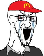 bloodshot_eyes cap clothes crying glasses hat mcdonalds open_mouth soyjak stretched_mouth stubble variant:soyak // 785x1000 // 251.5KB