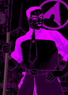 accelerationism animated arch_linux banana_split_ice_cream closed_mouth clothes full_body glasses glitch linux purple_skin quote quotism variant:chudjak // 800x1104 // 7.3MB