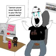 angry arm black_lives_matter black_skin bloodshot_eyes bottle clothes computer crying desk ear eyebags fat figurine full_body glasses hair hand holding_object logo lotion lube obese open_mouth overwatch poop poster queen_of_spades shirtless shorts smile soyjak spade sticker stinky stubble subvariant:hairson subvariant:spadeson symbol tattoo teeth text tongue twitter twomad variant:cobson video_game white_background yootooz youtube youtuber // 2560x2560 // 914.2KB