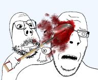 2soyjaks blood closed_mouth eyeball glasses gore hand holding_object holding_shovel open_mouth shovel soyjak stubble subvariant:nucob subvariant:scholar transparent_background variant:cobson variant:gapejak // 794x649 // 254.5KB