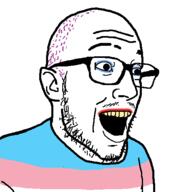 amkeup ear glasses hair mustache purple_hair soyjak stubble tranny variant:esam yellow_teeth // 443x474 // 30.6KB