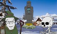 3soyjaks belt cape closed_mouth clothes flower full_body gem glasses happy hat holding_object house irl lantern looking_at_you mountain open_mouth plant series:skeletonjaks shovel skeleton skull smile snow soyjak statue stubble town variant:feraljak variant:markiplier_soyjak variant:soyak // 990x597 // 715.5KB