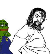 amphibian angry beard closed_mouth clothes fat frog glasses green_skin hair long_hair nas:pepe pepe_the_frog police tshirt variant:chudjak // 1181x1218 // 293.2KB