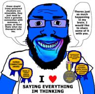 award badge beard blue blue_skin clothes glasses grin heart normal smile soyjak stubble subvariant:science_lover teeth variant:markiplier_soyjak wordswordswords // 1500x1479 // 327.3KB