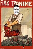 anime anti_anime blood breasts building chainsaw closed_mouth drawn_background fuck fuck_anime glasses gore holding_chainsaw holding_object imgflip.com looking_at_you plane poster smile subvariant:chudjak_front variant:chudjak // 500x744 // 155.0KB