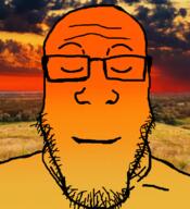 bald bush closed_eyes closed_mouth cloud earless forehead_lines forehead_wrinkles glasses grass irl_background orange_skin sky smile soyjak stubble sunset variant:markiplier_soyjak warm // 600x659 // 436.2KB