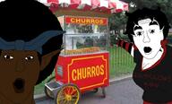 afro arm big_breasts breasts brown_skin cart churros clothes earring female food food_cart grass hair hand headband heart irl_background japanese_text open_mouth pointing road text tree tshirt variant:two_pointing_soyjaks wheel // 1024x621 // 72.1KB