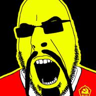 asian beard china clothes communism fu_manchu_(mustache) glasses glowing hammer_and_sickle mustache open_mouth soyjak stubble sunglasses trend:glowie variant:cobson yellow_skin // 721x720 // 20.2KB