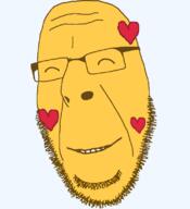 closed_eyes emoticon glasses grin happy heart love no_eyebrows series:soymoji smile soyjak stubble variant:cobson yellow yellow_skin // 721x789 // 32.9KB
