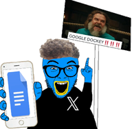 beard bird blue_skin cancel_culture chicken_jockey clothes finger glasses google google_dockey google_docs hair hand holding_object holding_phone jack_black minecraft_movie open_mouth phone pointing pointing_up series:x_inmigrants showing_phone showing_something sign stubble subvariant:phoneplier_vertical text tshirt twitter variant:abortion_lover x xitter zoomer zoomer_hair // 1218x1193 // 546.0KB