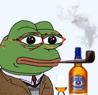 alcohol amphibian bottle chivas_regal closed_mouth clothes collared_shirt drink fair_isle fixed frog glass glssses green_skin lips nas:pepe necktie pepe pepe_the_frog pipe smoke smoking sport_coat suit suit_and_tie sweater tortoise_glasses whiskey // 1241x1202 // 1.1MB