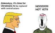 chad closed_eyes clothes crying donald_trump meta:tagme open_mouth russo_ukrainian_war stubble suit text ukraine uniform variant:wojak volodymyr_zelenskyy // 829x504 // 201.3KB