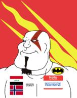 Warrior-Z(user) afghanistan arabic_text aryan batman batman_(series) beard blue_eyes buff closed_mouth county flag flag:iraq flag:norway flag:taliban flag:østfold goatee god_of_war hair hello_my_name_is_(sticker) iraq kratos norway shahada smile soyjak subvariant:mexiaryan taliban text variant:meximutt video_game østfold // 886x1120 // 109.9KB