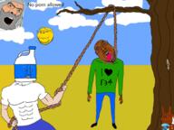 ack arm beard black_shoes bleach blood blood_from_eyes bloodshot_eyes blue_pants brown_skin closed_mouth clothes cloud full_body gem glasses god grass hair hand holding_gem holding_object holding_rope leg open_mouth rope sky stop_rule34 stubble subvariant:wholesome_soyjak suicide sun text tree trend:squirreljakking variant:bernd variant:chudjak variant:cobson variant:gapejak white_shirt // 1024x768 // 517.6KB