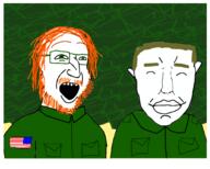 2soyjaks beard_(hotline_miami) closed_eyes closed_mouth clothes glasses green_eyes hotline_miami jacket_(hotline_miami) open_mouth orange_hair orange_mustache orange_stubble smile soyjak stubble subvariant:chudjak_front variant:chudjak variant:unknown yellow_hair // 3000x2400 // 3.7MB