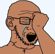 brown_skin christian_cross christianity closed_eyes crying ear glasses necklace open_mouth soyjak stubble transparent_background variant:soyak yellow_teeth // 782x758 // 16.5KB