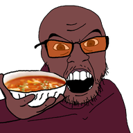 angry beefsoup_(user) black_eyes brown_skin food holding_object meta:namefags orange_glasses realistic soup transparent_background variant:feraljak white_teeth // 1025x1025 // 155.3KB
