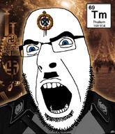 adolf_hitler angry blue_eyes chemistry clothes element glasses glowing irl_background lanthanides mustache nazism open_mouth soyjak stubble swastika thule_society thulium uniform variant:cobson // 721x840 // 424.3KB